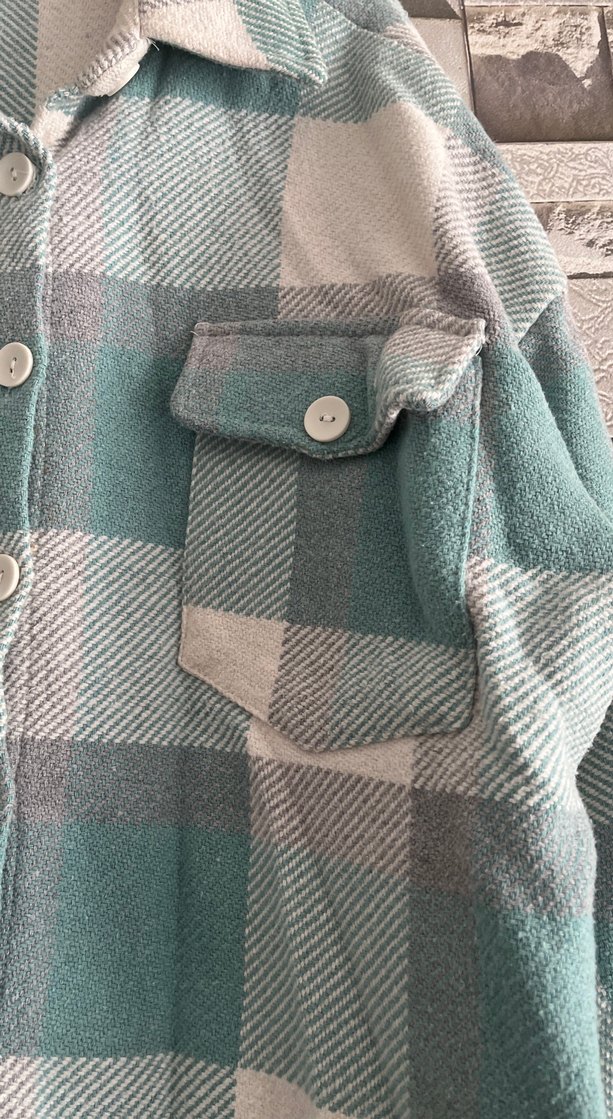 Turkuaz Ekose Düğmeli Kadın Gömlek - Görsel 2