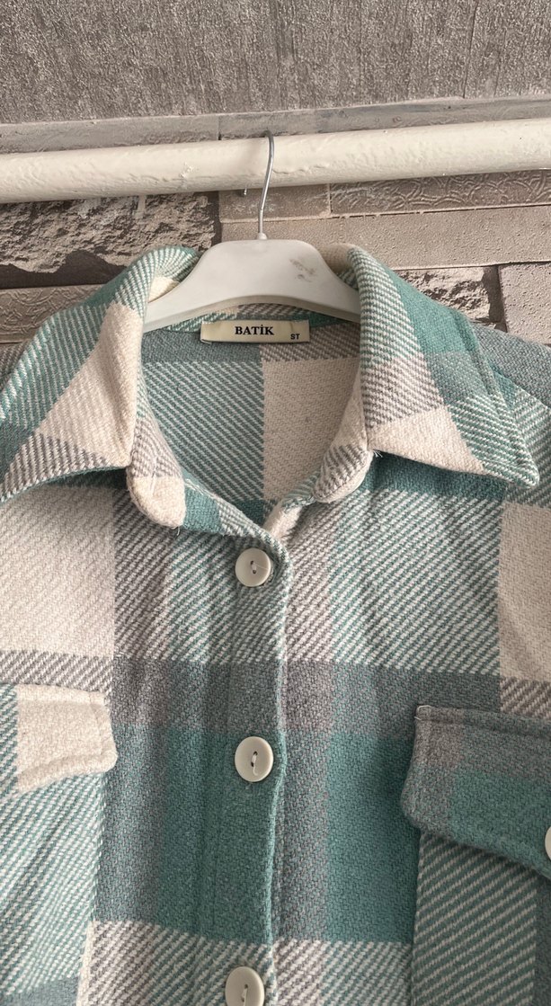 Turkuaz Ekose Düğmeli Kadın Gömlek - Görsel 3