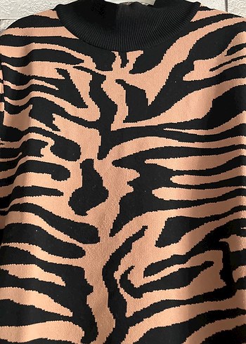Diğer Kahverengi Zebra Desenli Kısa Kollu Triko Elbise