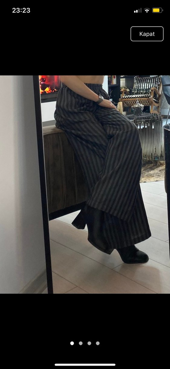 Gri Çizgili Piliseli Kadın Pantolon - Görsel 4