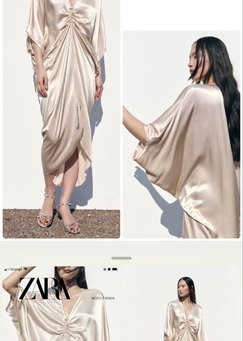 Zara Camel Renkli V Yaka Dökümlü Uzun Saten Elbise