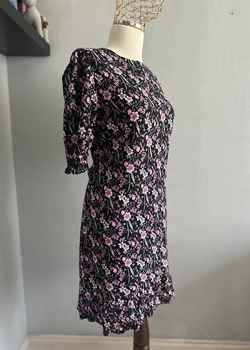m Beden pembe Renk Pembe Çiçek Desenli Kısa Kollu Midi Elbise
