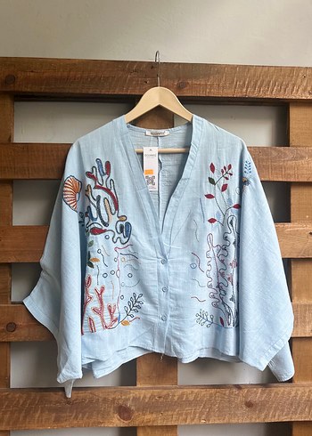 Zara Nakışlı Mavi Mini Bohem Gömlek