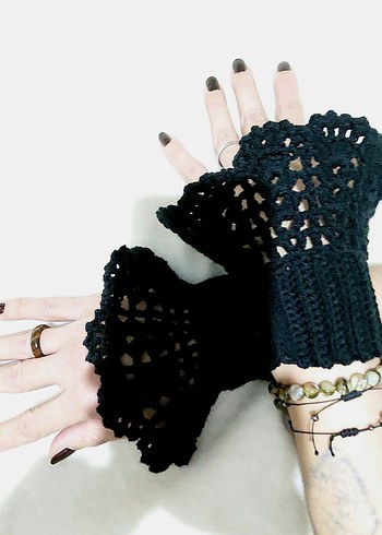 Siyah Örgü Gotik Kadın Eldiveni - Görsel 2