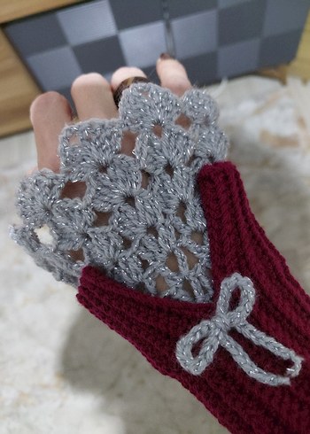 Bordo Gri Dantel Detaylı Kadın Eldiveni - Görsel 4