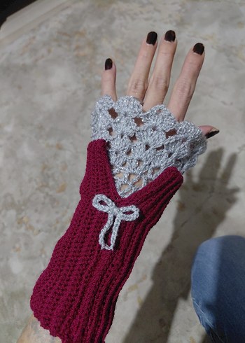 Bordo Gri Dantel Detaylı Kadın Eldiveni - Görsel 3