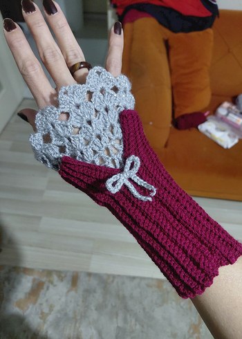Bordo Gri Dantel Detaylı Kadın Eldiveni - Görsel 2