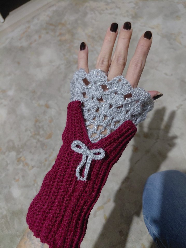 Bordo Gri Dantel Detaylı Kadın Eldiveni - Görsel 3