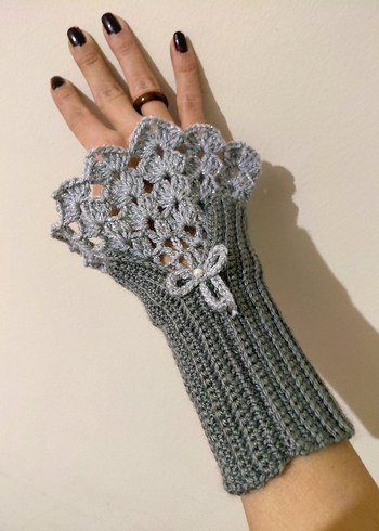 Bohem Gri Örgü Eldiven Dantel Detaylı - Görsel 4