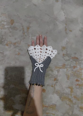 Bohem Gri Örgü Eldiven Dantel Detaylı - Görsel 2