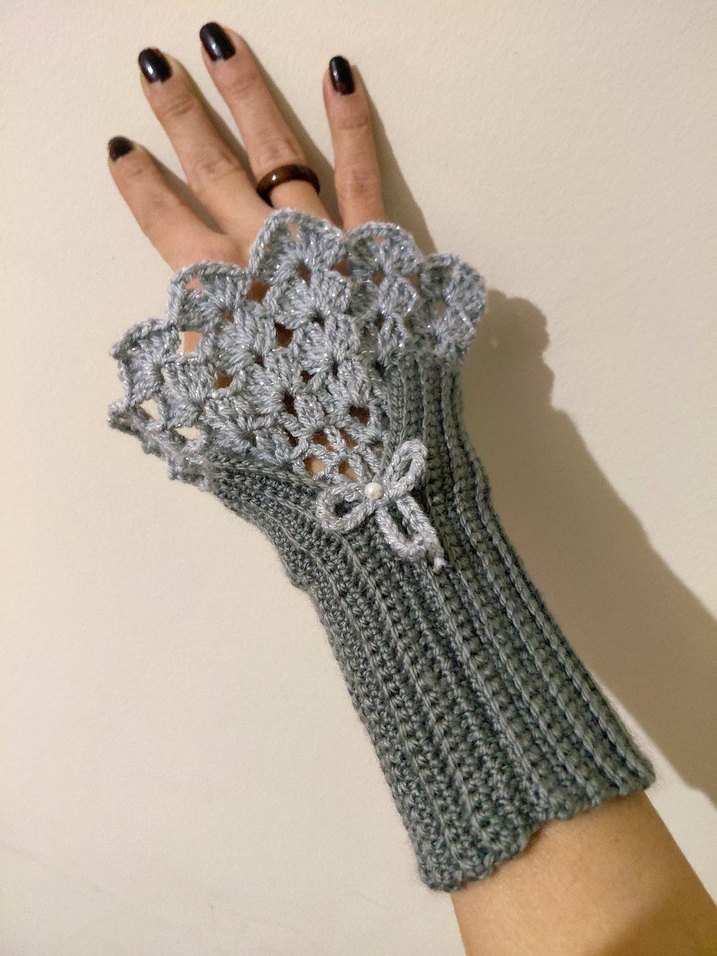 Bohem Gri Örgü Eldiven Dantel Detaylı - Görsel 4