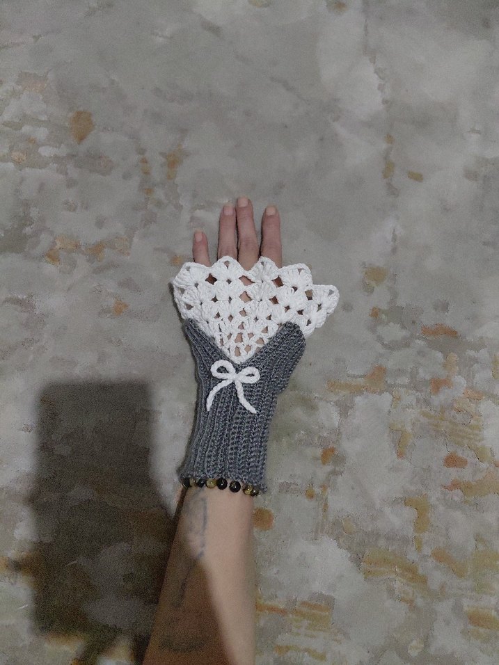 Bohem Gri Örgü Eldiven Dantel Detaylı - Görsel 2