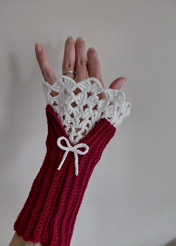 Bordo Dantelli Örgü Kadın Eldiven - Görsel 2