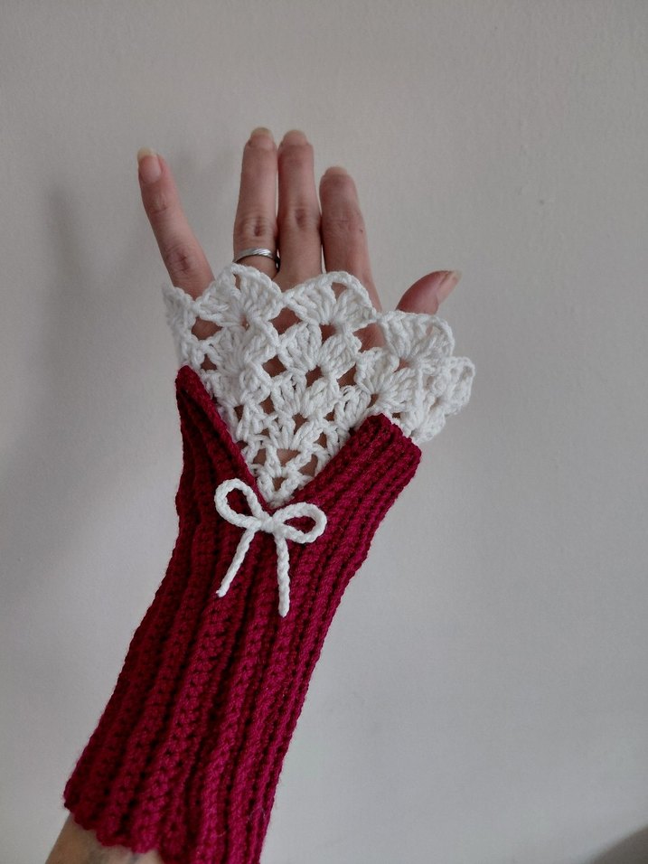 Bordo Dantelli Örgü Kadın Eldiven - Görsel 2