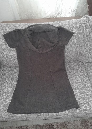 Gri Örme Kısa Kollu Yüksek Yakalı Hamile Tunik - Görsel 2