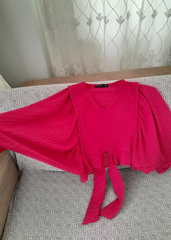 Pembe V Yaka Keten Bluz - Görsel 2