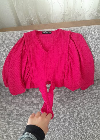 Pembe V Yaka Keten Bluz - Görsel 3