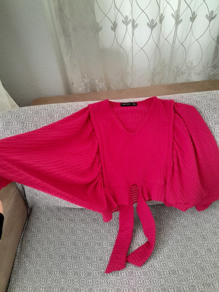 Pembe V Yaka Keten Bluz - Görsel 2