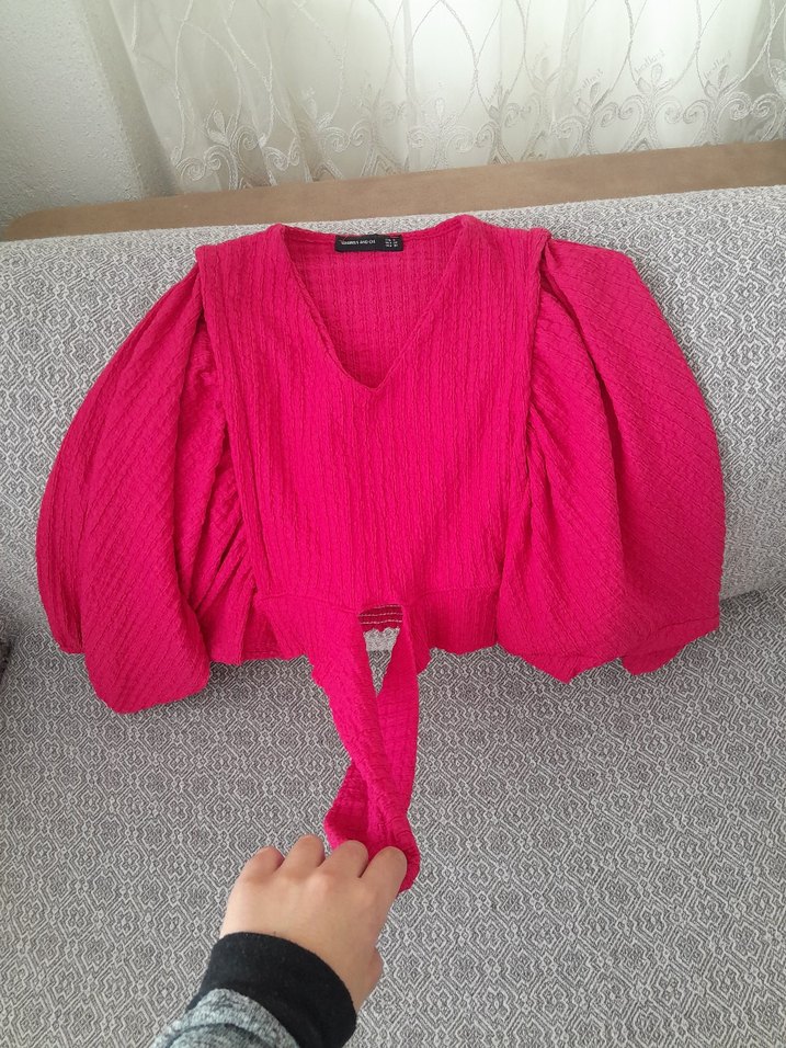 Pembe V Yaka Keten Bluz - Görsel 3