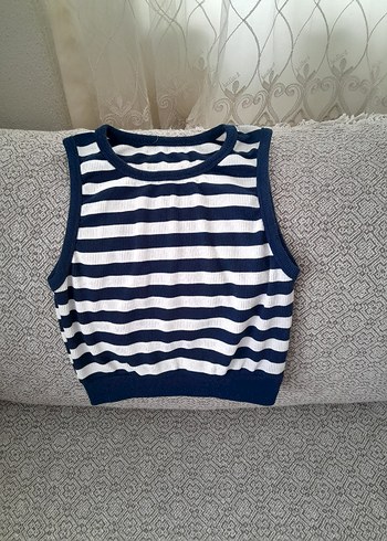 Çizgili Kolsuz Triko Süveter - Görsel 2