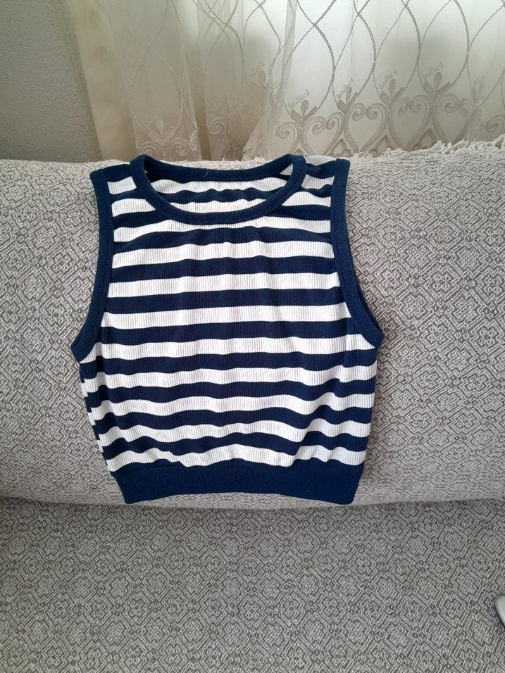 Çizgili Kolsuz Triko Süveter - Görsel 2