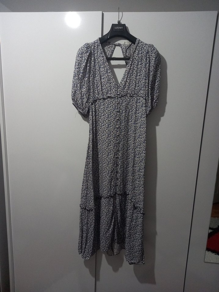 mavi V Yaka Bohem Uzun Elbise - Görsel 2