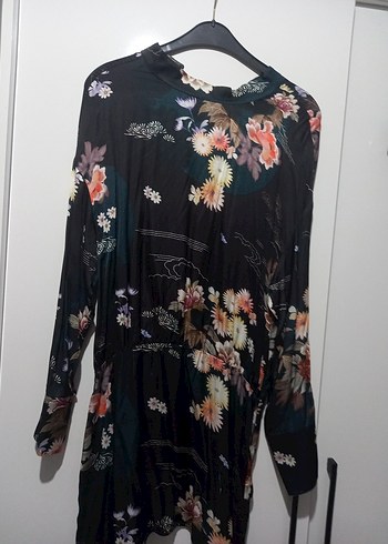 Uzun Kollu Siyah Çiçek Desenli Mini Elbise - Görsel 6