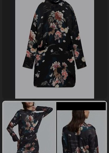 Uzun Kollu Siyah Çiçek Desenli Mini Elbise - Görsel 9