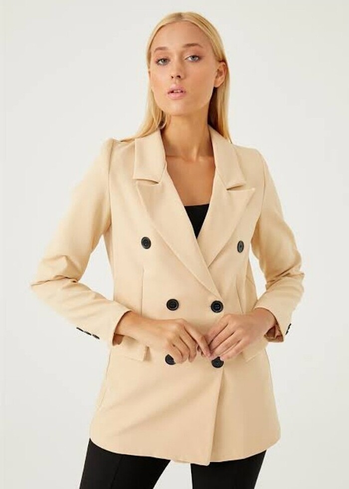 Düğmeli bej blazer ceket - Görsel 4