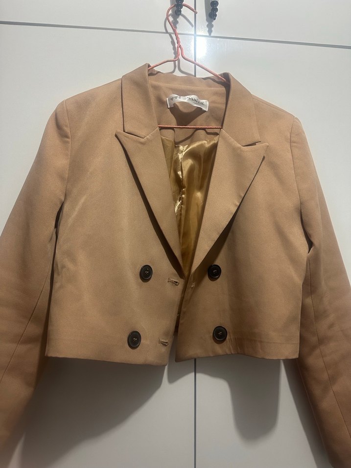 Bej Süet Düğmeli Kadın Blazer Ceket - Görsel 2