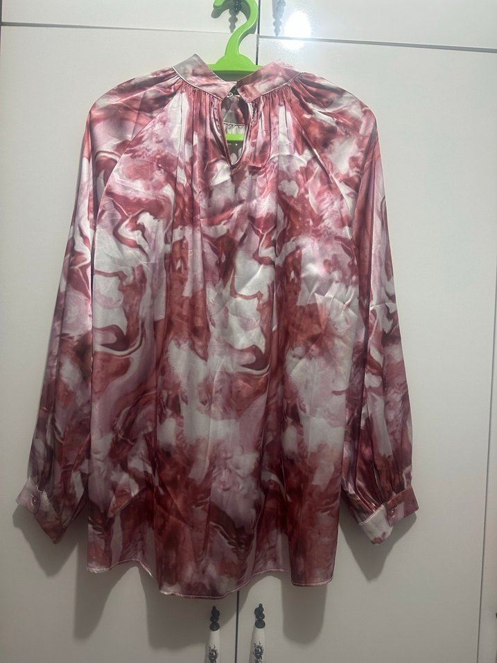 Pembe Uzun Kollu Bağlama Desenli Kadın Bluz - Görsel 3