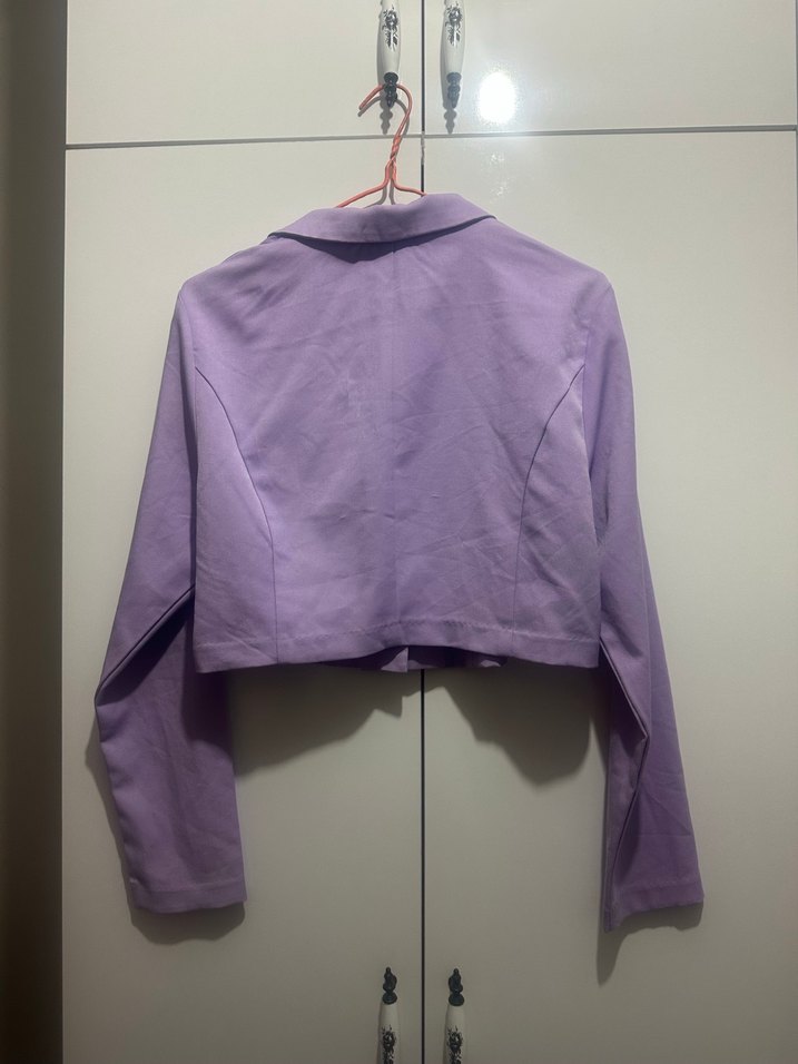 Düğmeli Mor Midi Kadın Blazer Ceket - Görsel 2