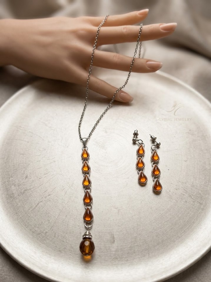 Amber Damla Taşlı Gümüş Takı Seti — görsel 3/7