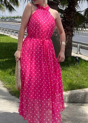 Puantiyeli Pembe Askılı Uzun Elbise - Görsel 2