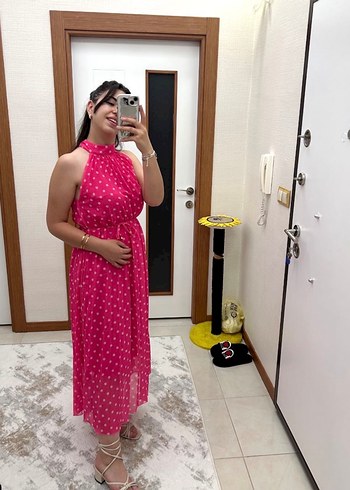 Puantiyeli Pembe Askılı Uzun Elbise - Görsel 3