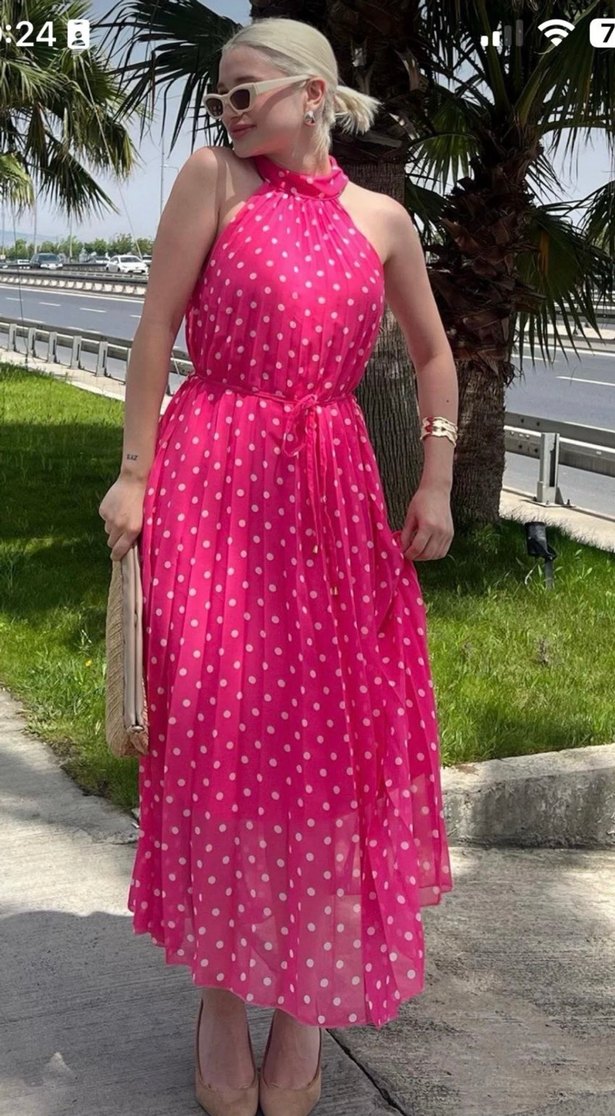 Puantiyeli Pembe Askılı Uzun Elbise - Görsel 2