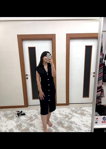 Düğmeli Zara Siyah Keten Uzun Elbise - Görsel 2