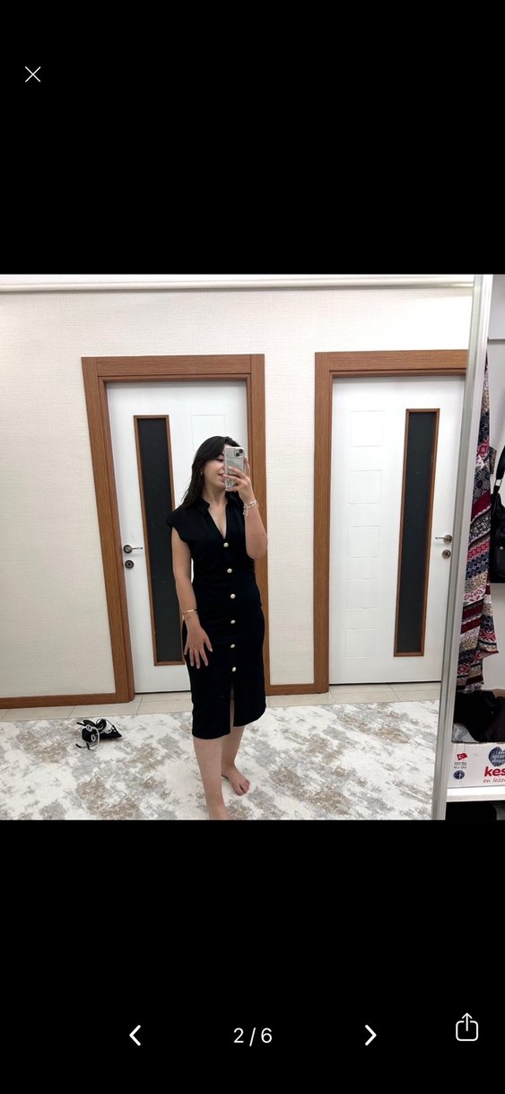 Düğmeli Zara Siyah Keten Uzun Elbise - Görsel 2