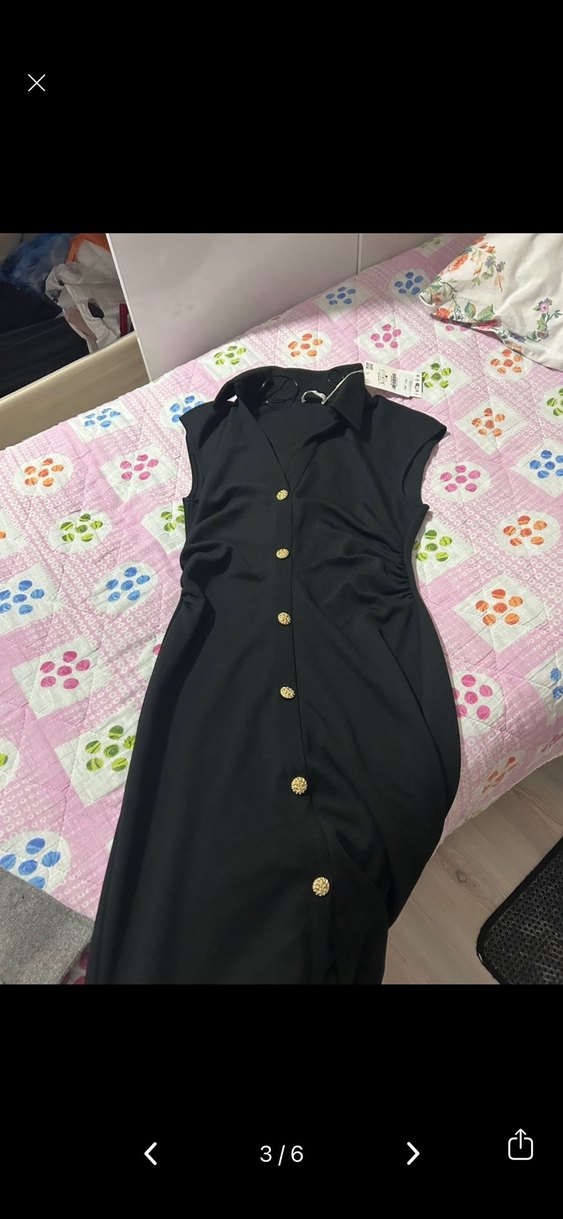 Düğmeli Zara Siyah Keten Uzun Elbise - Görsel 3