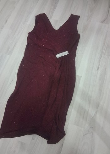 Bordo Parlak uzunElbise Drapeli V Yaka - Görsel 2