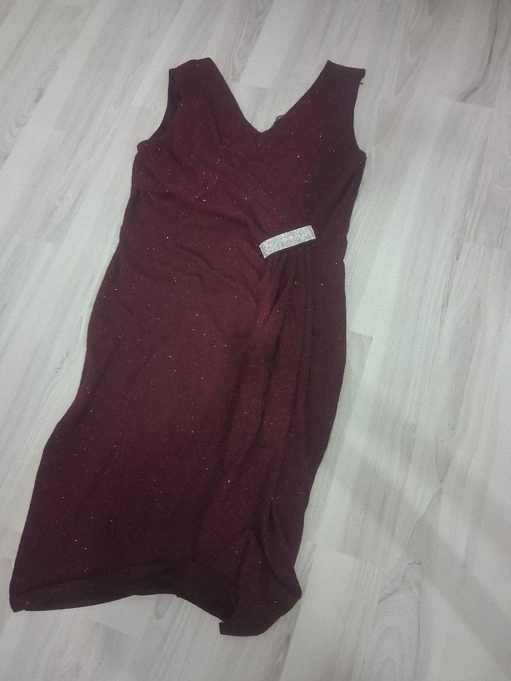 Bordo Drapeli V Yaka Midi Abiye Elbise - Görsel 2