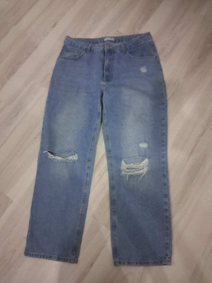 Yırtık Detaylı Gri Mavi Salaş Kot Pantolon - Görsel 3