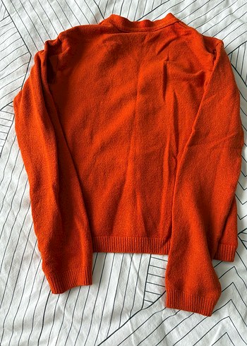 Düğmeli turuncu V Yaka Kadın Hırka - Görsel 4