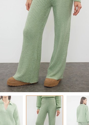 Kadın V Yakalı Yeşil Triko Kazak - Görsel 3