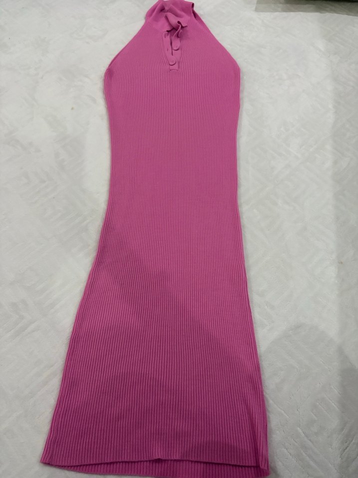 Pembe V Yaka Kemerli Uzun Elbise - Görsel 5