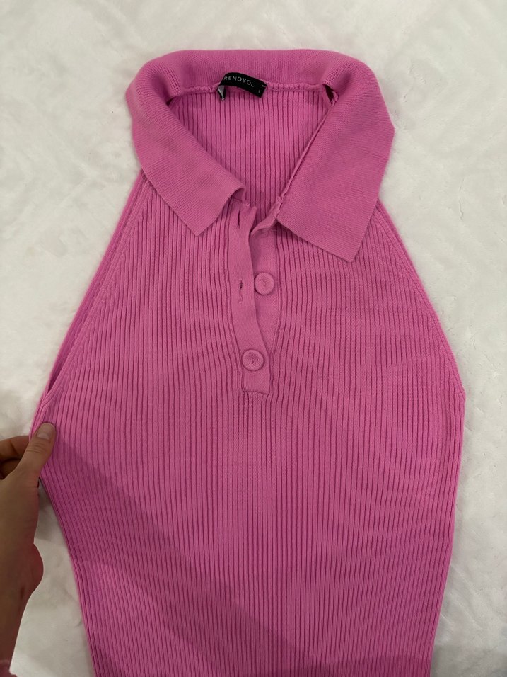 Pembe V Yaka Kemerli Uzun Elbise - Görsel 4