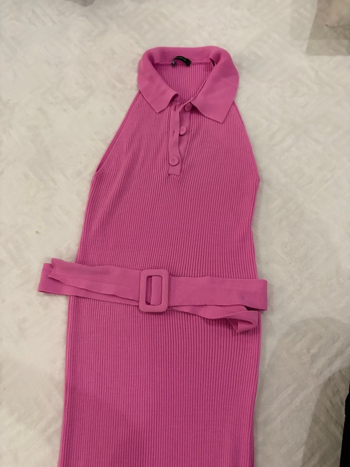 Pembe V Yaka Kemerli Uzun Elbise - Görsel 2