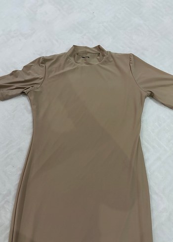 Bej Yarım Kollu Uzun Basic Elbise - Görsel 2