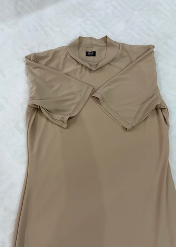 Bej Yarım Kollu Uzun Basic Elbise - Görsel 3