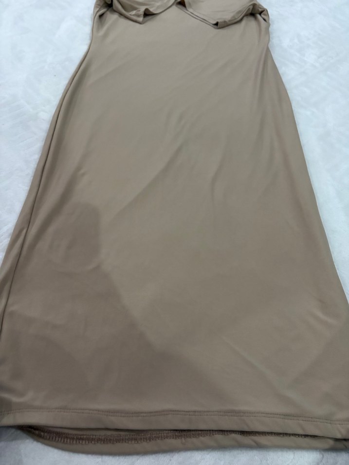 Bej Yarım Kollu Uzun Basic Elbise - Görsel 4